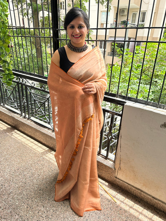 BEIGE GOLDEN TISSUE LINEN ZARI SARI WITH WOVEN RED BORDER TL-28