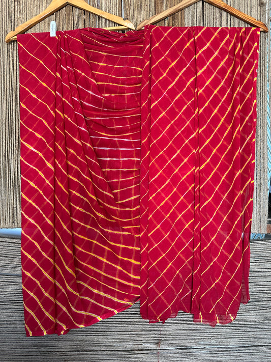 RED WITH CONTRAST BLOUSE LEHERIYA HANDCRAFTED CHIFFON SARI CL-13