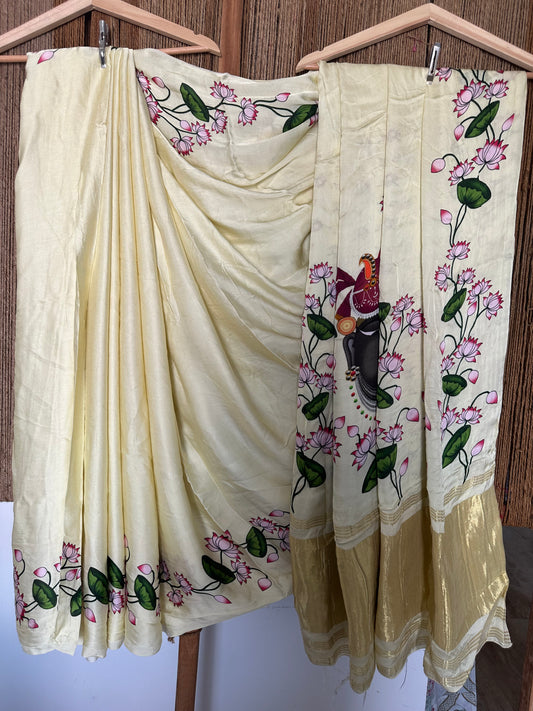IVORY PICHWAI MODAL SILK PRINT SARI WITH ZARI BORDER PMS- 104