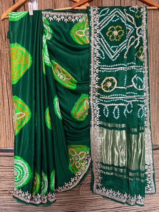 GREEN CHAKRA THEME RAI BANDHANI GAJJI SILK SARI WITH HANDEMBROIDERY GOTTA PATTI BS- 404