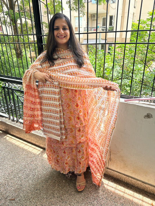 PASTEL PEACH CHANDERI HAND BLOCK SUIT SET