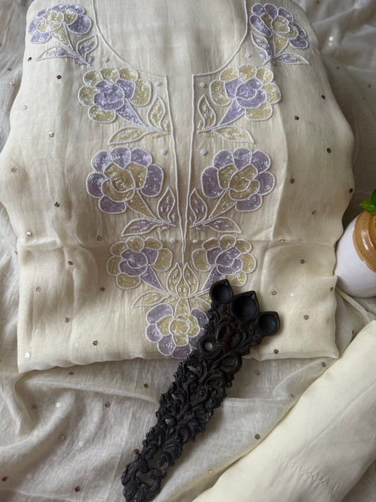 Canary yellow chanderi lucknowi chickenkari with moti cutdana work hand embroidery three piece suit