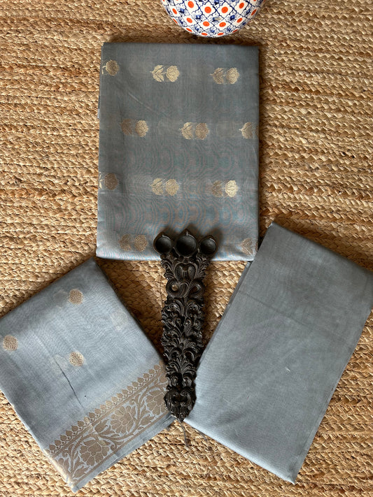 Grey Chanderi handloom Banarsi Booti three piece suit