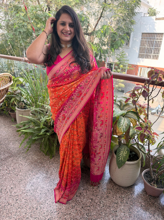 Pink & Orange dual shade Handwoven Rai Bareek Bandhani Saree Meenakari Jaal with Khaddi Georgette Mks-11