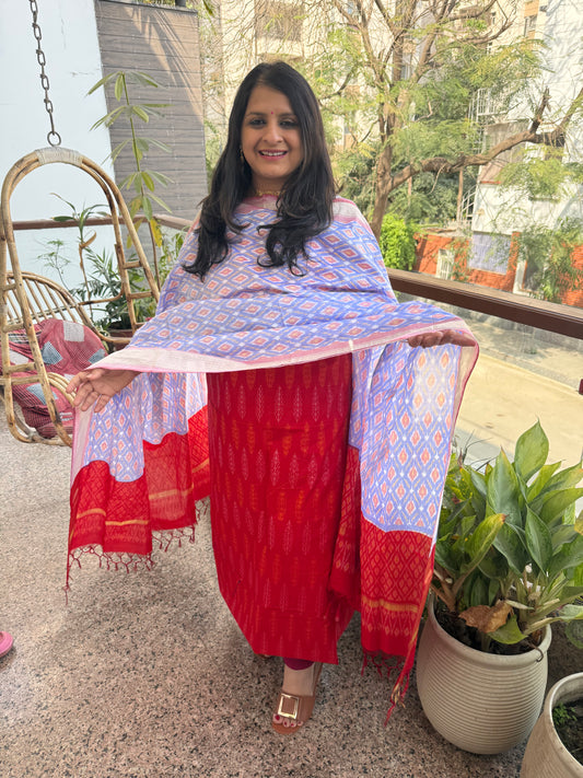 RED IKKAT PURE SILK HANWOVEN KURTA WITH IKKAT PURE SILK PATOLA HANDWOVEN DUPATTA