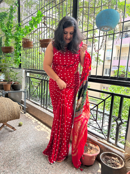 Red Modal silk bandhani handcrafted with Pichwai Print Sari in Nakshi Elephant Border BPS 2