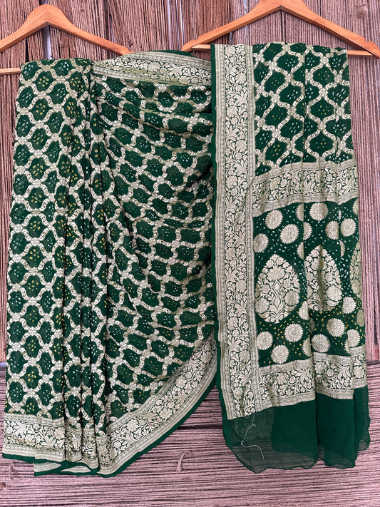 Hunter Green Handwoven Neem Zari Bareek Bandhani Saree with Khaddi Georgette BS- 3