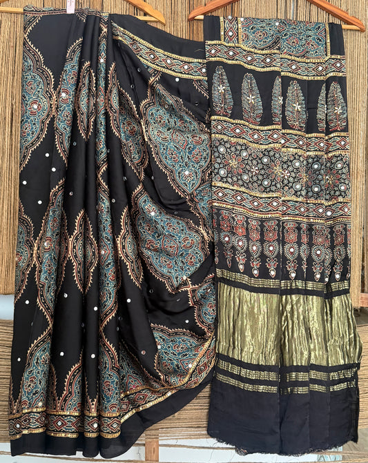 CARBON BLACK AJRAKH HANDCRAFTED MIRROR AND SEQUENCE WORK MODAL SILK SARI WITH ZARI PALLU