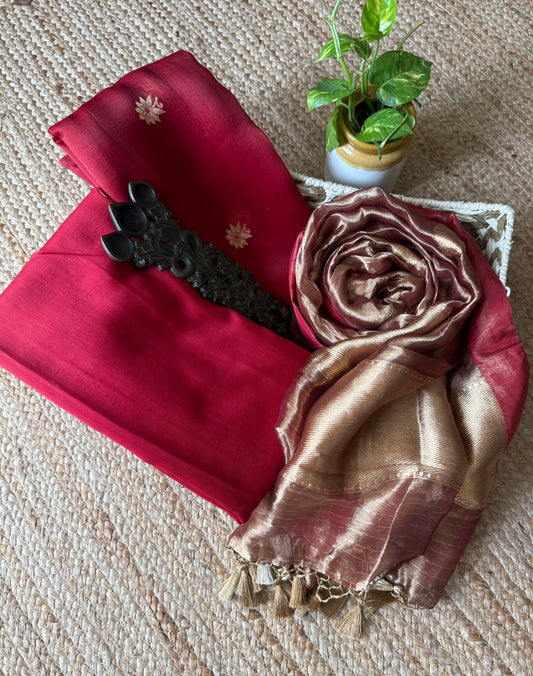 Genesis burgundy kora silk certified handloom banarsi kadwa booti three piece suit