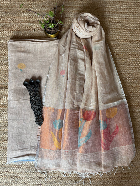 BEIGE COPPER WOVEN LINEN  KURTA SET LJS- 209