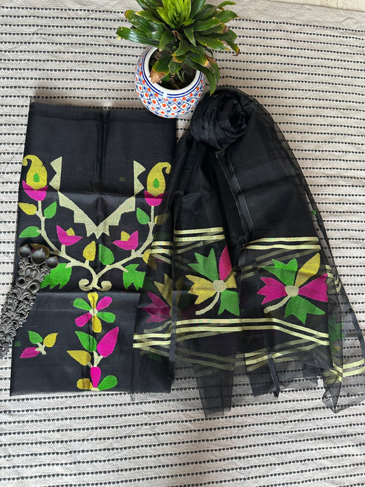 BLACK HANDWOVEN PURE MUSLIN SILK KURTA SET MJK-24