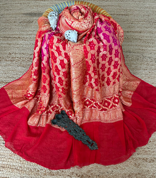 Red & Pink handwoven neemzari bareek bandhani in khaddi georgette dupatta