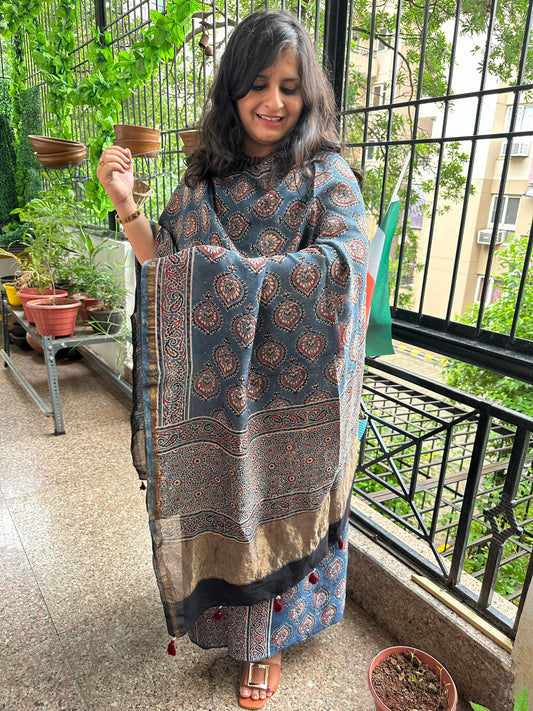 INDIGO AJRAKH CONTEMPORARY CHANDERI SILK HANDBLOCK SUIT SET