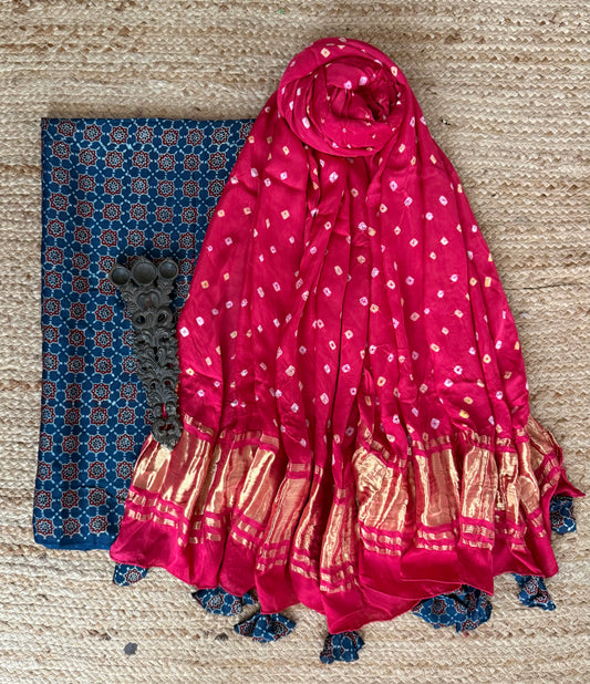 Blue & pink ajrakh mashru silk kurta with bandhani handcrafted modal silk dupatta