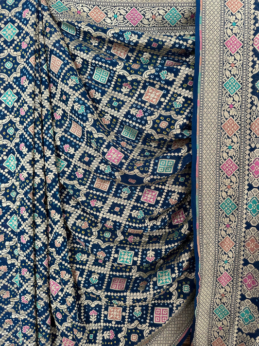 Navy Blue Handwoven Neem Zari Bareek Bandhani Saree with Khaddi Georgette with Meenakari Work BS- 16