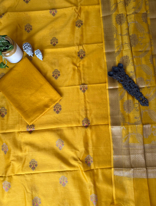 Sunlit Zari Gold Chanderi Handloom Banarsi Booti Three Piece Suit