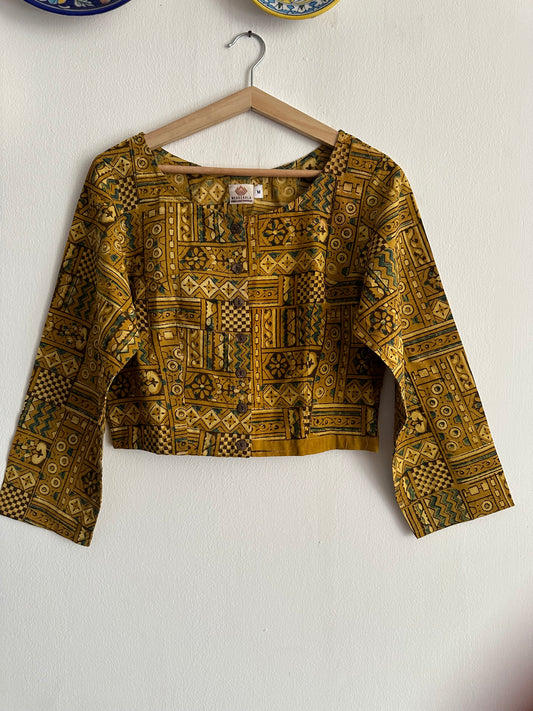 MUSTARD AJRAKH COTTON BLOUSE BLOUSE WITH WOODEN BUTTON