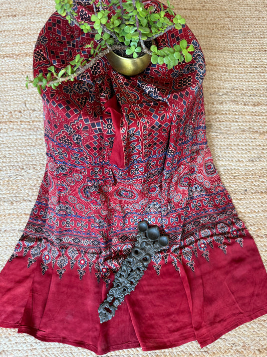 MAROON AJRAKH MODAL SILK STOLE WITH HAND EMBROIDERY MIRROR WORK