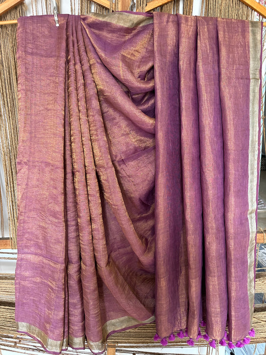 Lilac golden Purple Metallic linen Sari with silver woven Border and Tassels ML-43