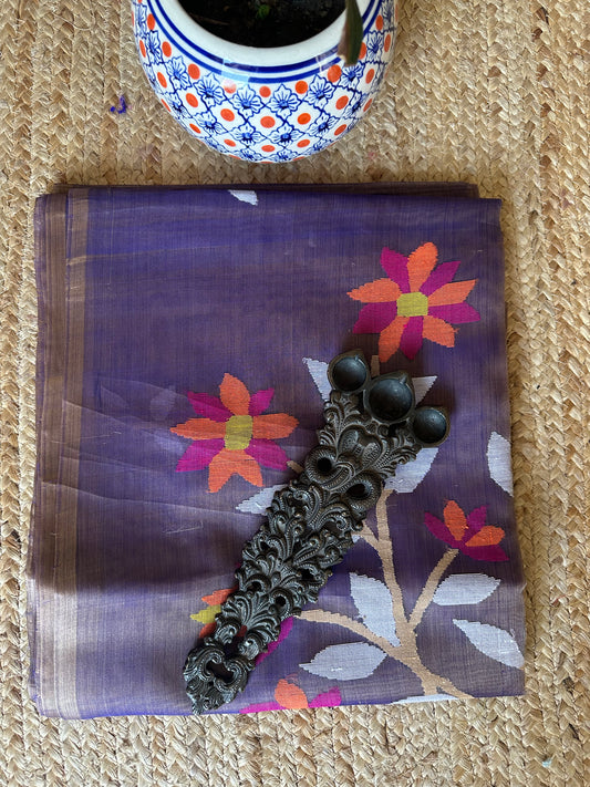 GRAY BLUE DUAL SHADE JAMDANI HANDWOVEN PURE MUSLIN SILK SARI MJS-7