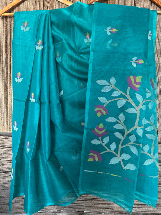 TEAL BLUE JAMDANI HANDWOVEN PURE MUSLIN SILK SARI MJS-15