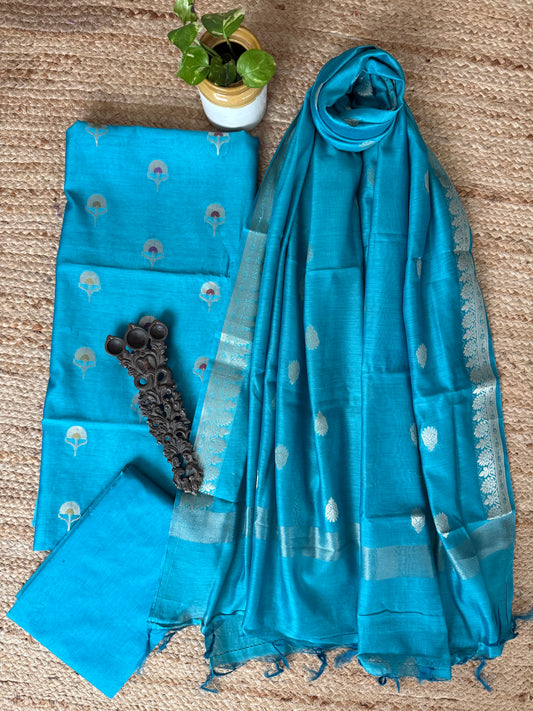 Cyan Blue chanderi handloom banarsi booti three piece suit