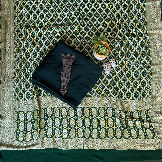 Bottle Green Handwoven Bareek Bandhani khaddi georgette dupatta with pure Gajji silk kurta