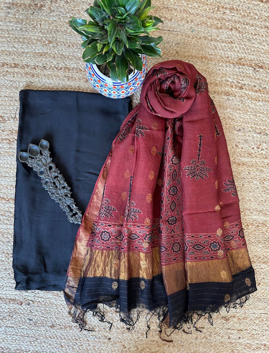 Black modal silk kurta with chanderi coin butti handcrafted chanderi silk dupatta with zari border