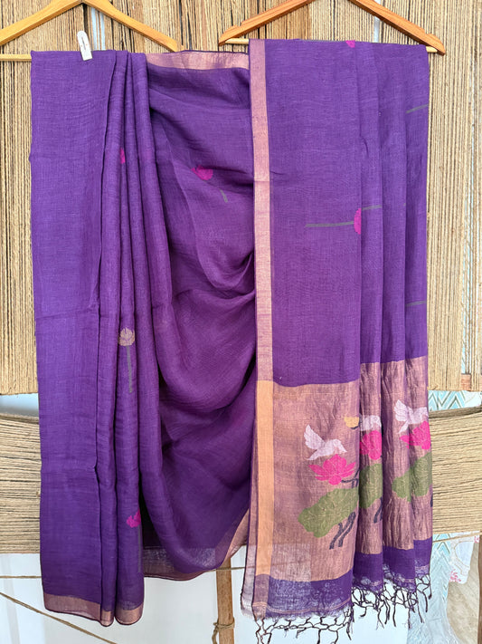 LAVENDER PURPLE HANDWOVEN JAYSHREE LINEN JAMDANI SARI