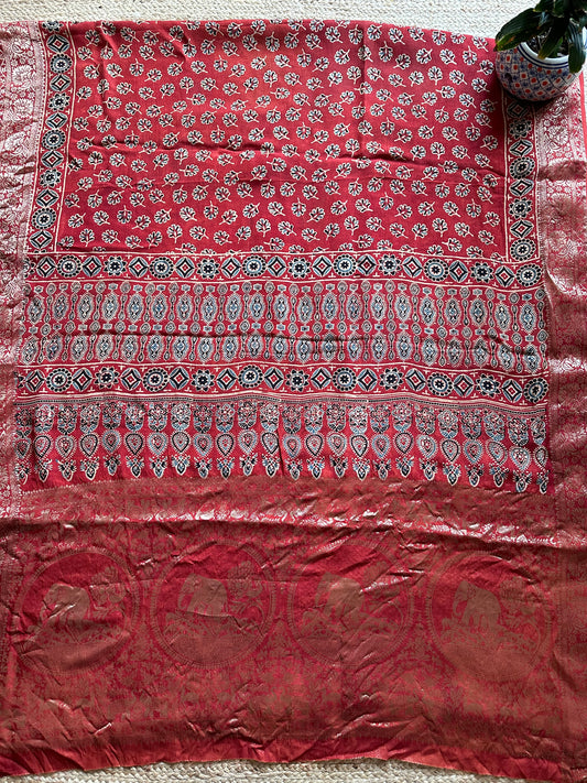 MAROON RED DOLA SILK AJRAKH ZARI BORDER SARI
