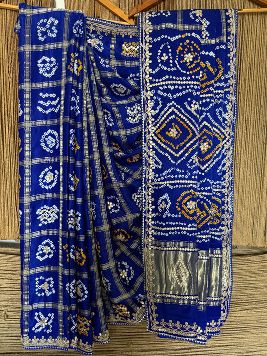 BLUE RAI BANDHANI GHARCHOLAGAJJI SILK SARI WITH HANDEMBROIDERY GOTTA PATTI BS- 405