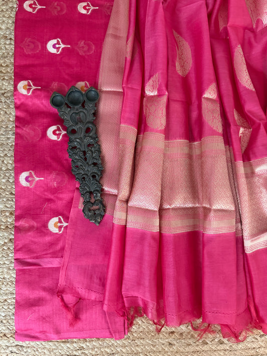 Pink chanderi handloom banarsi booti three piece suit