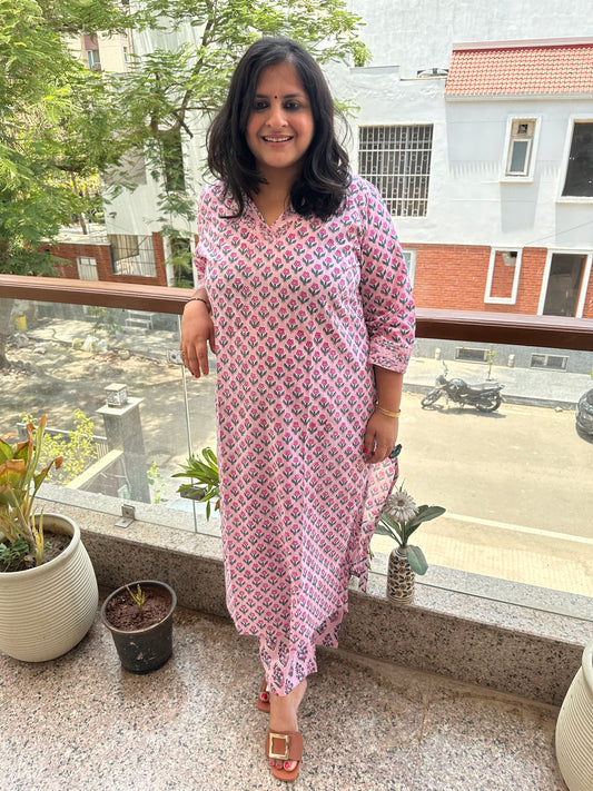 PINK FLORAL COTTON HANDBLOCK HANDCRAFTED KURTA SET WITH BORDER