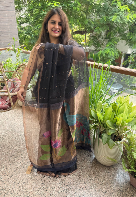 Shadow Black Jamdani sequence work handwoven pure muslin silk sari With Matka Silk Blouse Piece
