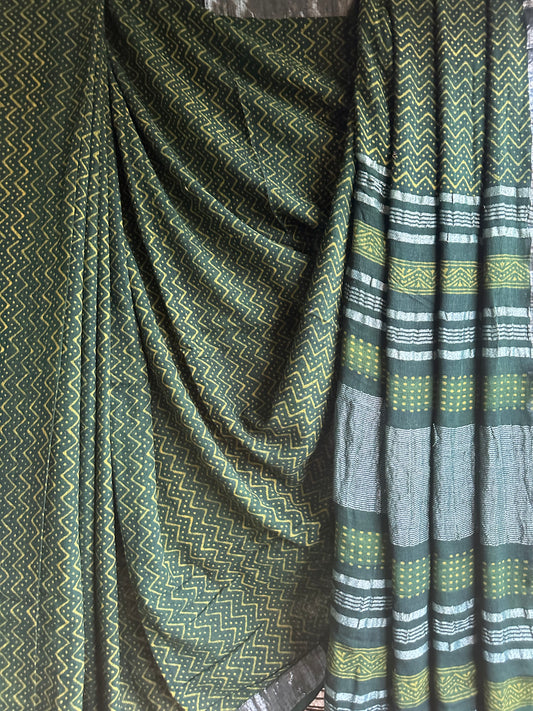 GREEN AKOLA LINEN ZARI WOVEN HANDBLOCK SARI