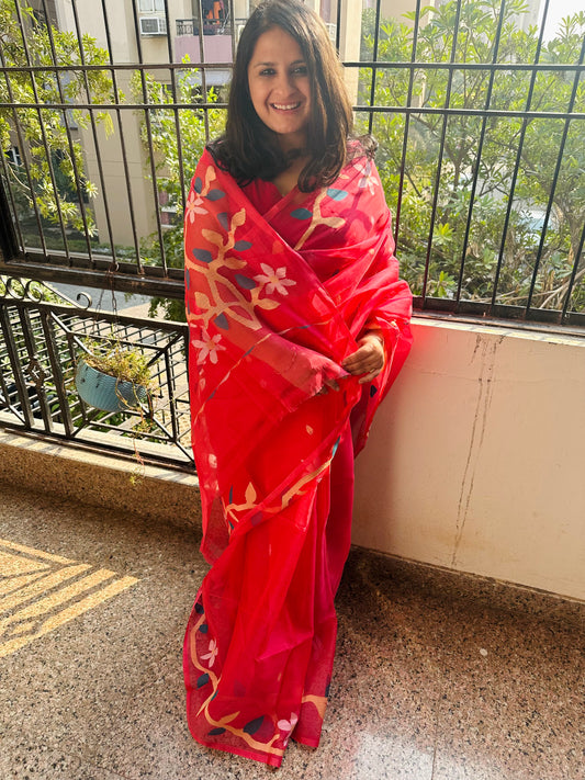 DARK PINK JAMDANI HANDWOVEN PURE MUSLIN SILK SARI MJS-12