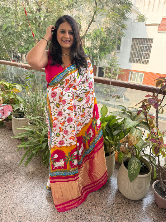 CREAM MAGENTA MODAL SILK PATOLA SARI WITH ZARI BORDER