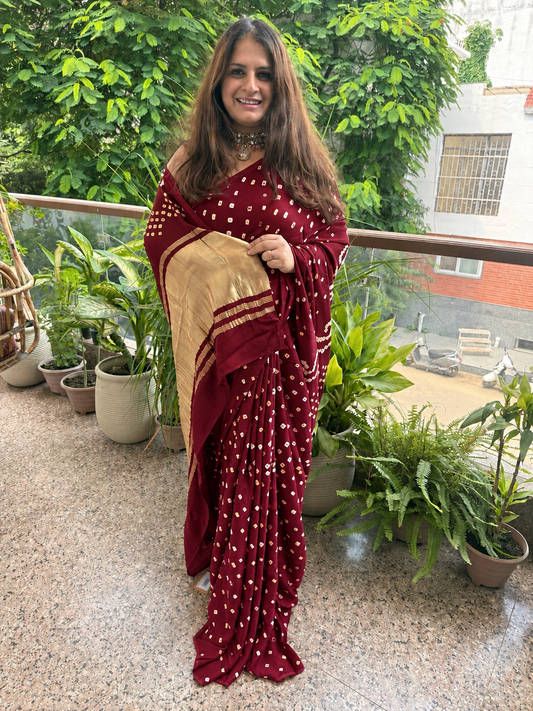 Burnt Maroon modal silk dot bandhani sari