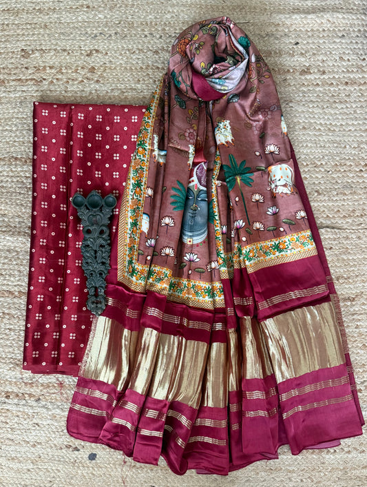 Maroon mashru silk kurta with patola handcrafted modal silk dupatta
