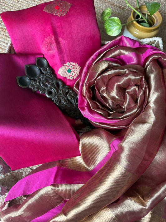 Bright pink minakari kora silk certified handloom banarsi kadwa booti three piece suit