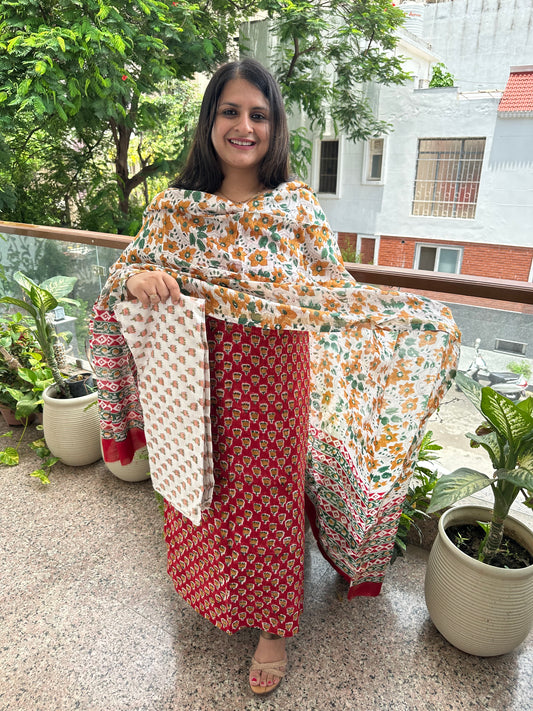 RED CHANDERI HAND BLOCK SUIT SET