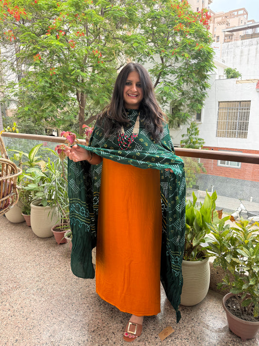 Golden Yellow Gajji and Green shade Handwoven Bareek Bandhani dupatta in pure Gajji kurta Set