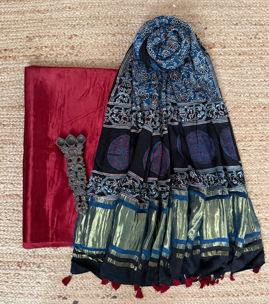 Maroon Mashru Silk Kurta With Blue Ajrakh Handcrafted Modal Silk Dupatta