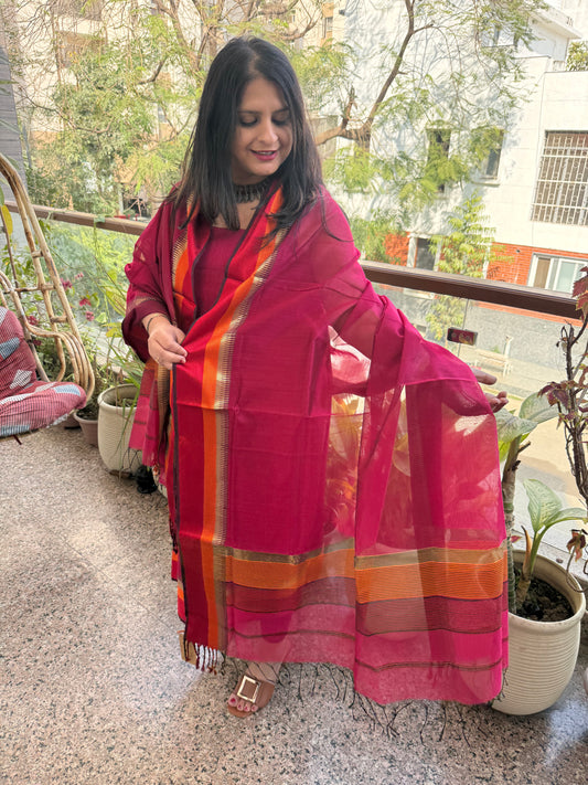 JAZZBERRY JAM PINK MAHESHARI BORDER SILK HANDLOOM KURTA SET