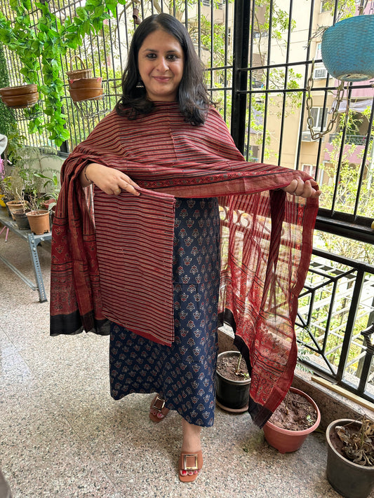 MAROON AJRAKH MAHESHWARI SILK HANDBLOCK THREE PIECE SET SUIT