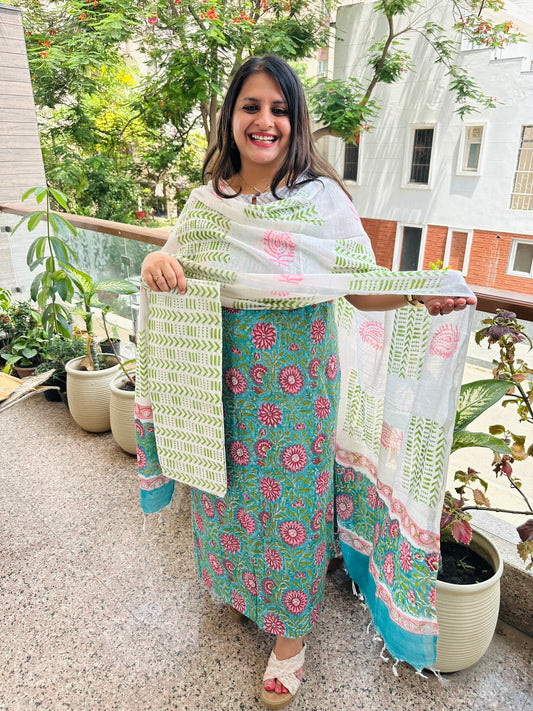 TURQUOISE PINK LINEN COTTON HANDBLOCK SUIT SET