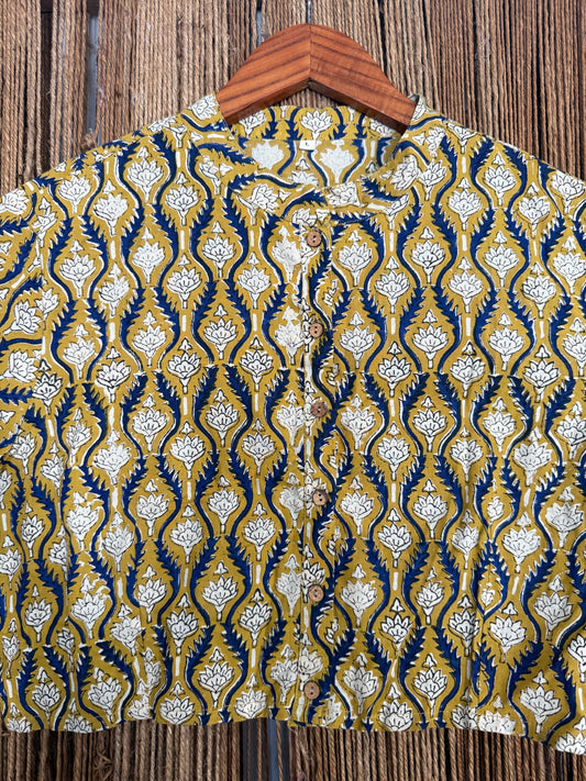 MUSTARD YELLOW & BLUE HANDBLOCK COTTON SILK STITCHED BLOUSE
