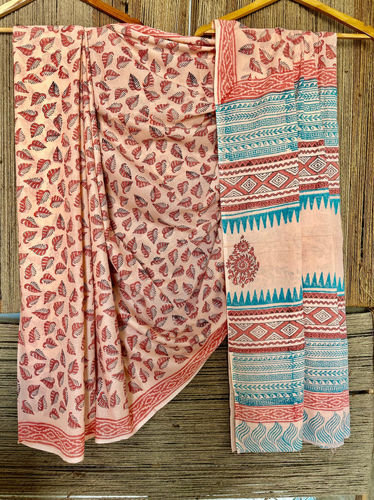 PEACH MULL COTTON JAIPUR HANDCRAFTED SAREE