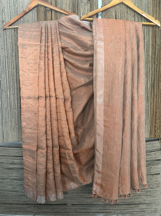LIGHT SALMON COPPER METALLIC LINEN SARI WITH WOVEN BORDER & TASSELS ML-3