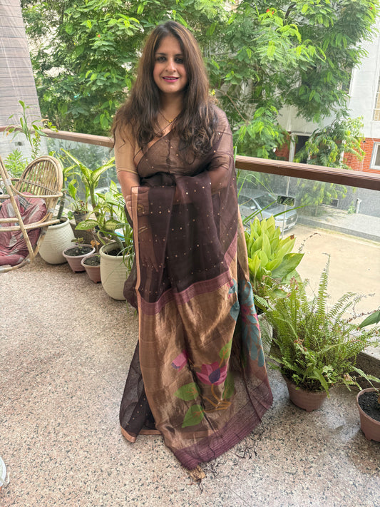 Chocolate Brown Jamdani sequence work handwoven pure muslin silk sari With Matka Silk Blouse Piece